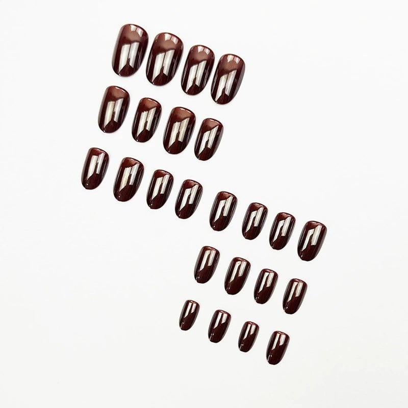 juggssa Short Press on Nails Oval Fake Nails Coffee Brown Acrylic Glue on Nails Almond Shape Magic Mirror Gel Acrylic Press on False Nail Kit Full Cover Reusable Stick on Nails for Women Girls 24PCS - Image 2